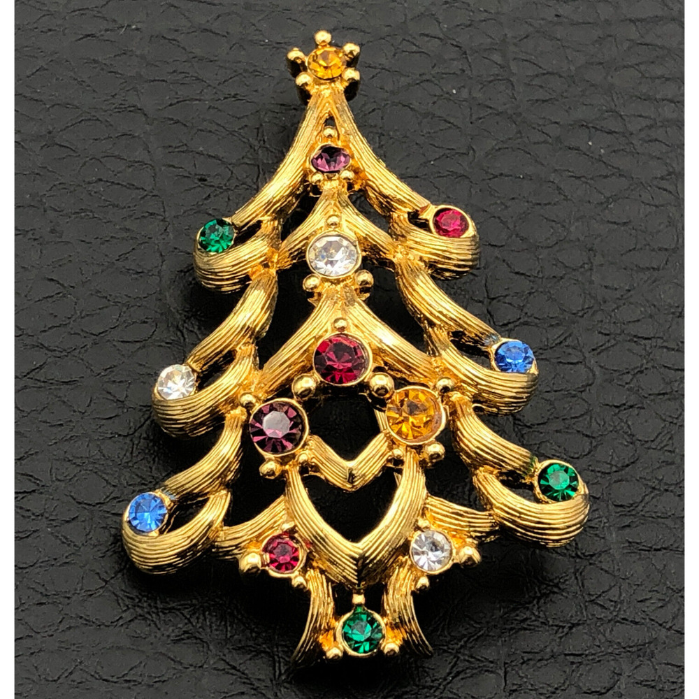 Vintage Monet Brooch Christmas Tree Multicolor Rhinestone Textured Gold Tone Pin
